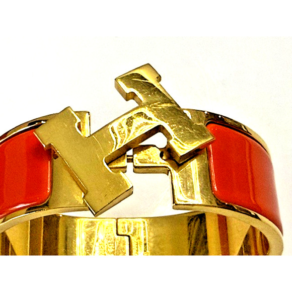 Hermès ORANGE Enamel Gold Plated Clic Clac H bracelet Medium w/ box - Picture 7 of 16